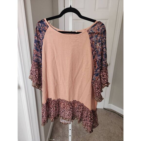 Umgee Pink Tunic with Floral and Animal Print Ruffles - Picture 1 of 1
